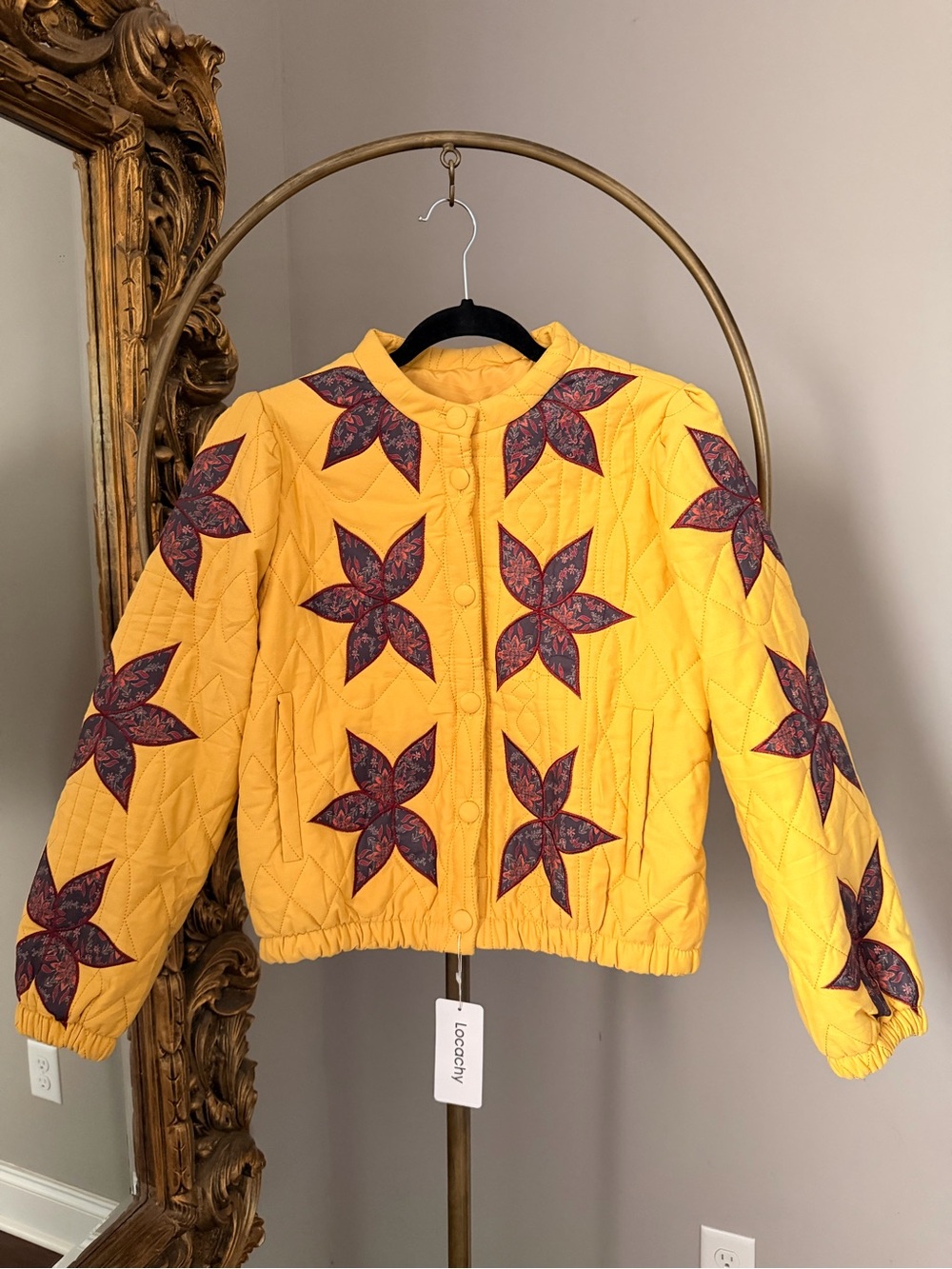 NWT Women's Yellow Quilted Jacket with Floral Star Appliqués